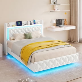 Blotout Floating Full Bed Frame with LED Lights&Power Outlet, Upholstered Pu Leather Platform Bed with Diamond Tufted Storage Headboard & Footboard, No Box Spring Needed, Noise Free, White