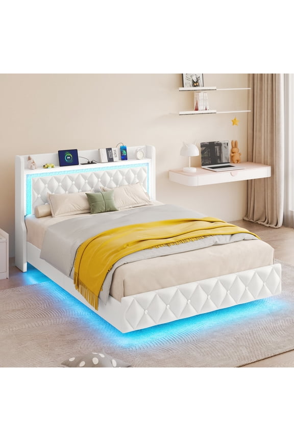 Floating Full Bed Frame with LED Lights&Power Outlet, Upholstered Pu Leather Platform Bed with Diamond Tufted Storage Headboard & Footboard, No Box Spring Needed, Noise Free, White