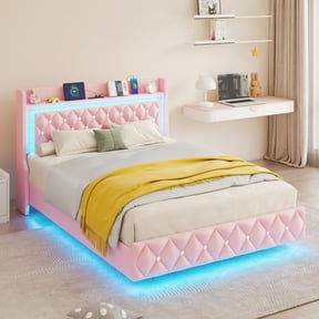 Blotout Floating Queen Bed Frame with LED Lights&Power Outlet, Upholstered Pu Leather Platform Bed with Diamond Tufted Storage Headboard & Footboard, No Box Spring Needed, Noise Free, Pink