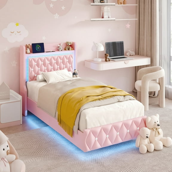 Blotout Floating Twin Bed Frame with LED Lights&Power Outlet, Upholstered Pu Leather Platform Bed with Diamond Tufted Storage Headboard & Footboard, No Box Spring Needed, Noise Free, Pink