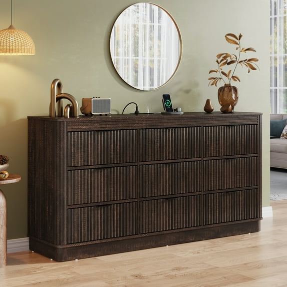 Blotout Fluted 9 Drawers Dresser for Bedroom, 63'' W Chest of Drawers with Power Outlet&Metal Handle, Fluted Fronts, Modern Dresser TV Stand, Wood Clothes Storage Organizer for Living Room, Hallway