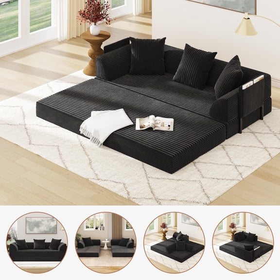 Blotout 5-in-1 Folding Convertible Sofa Bed with 3 Pillows, 79" Large Corduroy Boneless Couch with Armrest Pockets, Lounge Loveseat Sleeper with Pull Out Bed for Living Room Bedroom, Black