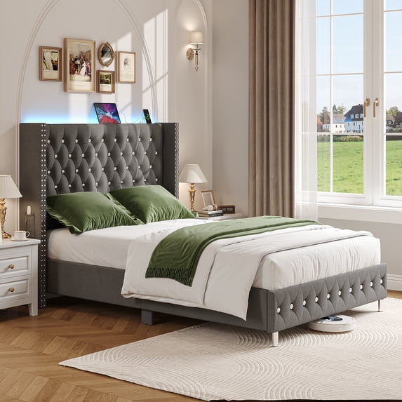 Blotout Full LED Upholstered Bed Frame with 51'' Tall Wingback Headboard, Velvet Diamond Button Tufted Bed Frame USB & Type-C Ports and Side Pockets, Wood Slats Support, No Box Spring Needed