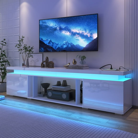 Blotout High Gloss LED TV Stand for up to 80" TVs /40" Electric Fireplace, 71" Large Entertainment Center Console Table with Power Charging Station