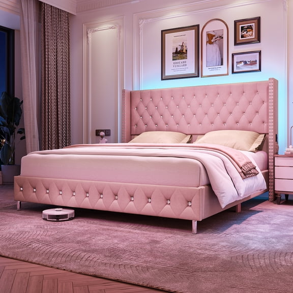 Blotout King LED Upholstered Bed Frame with 51'' Wingback Headboard, Velvet Diamond Button Tufted Bed Frame USB & Type-C Ports and Side Pockets, Wood Slats Support, No Box Spring Needed