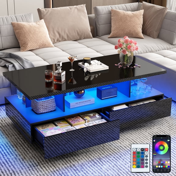 Modern LED Coffee Table with Storage, High Gloss Coffee Tables Rectangular Center Table with Open Display Shelf & 2 Sliding Drawers for Living Room,Black