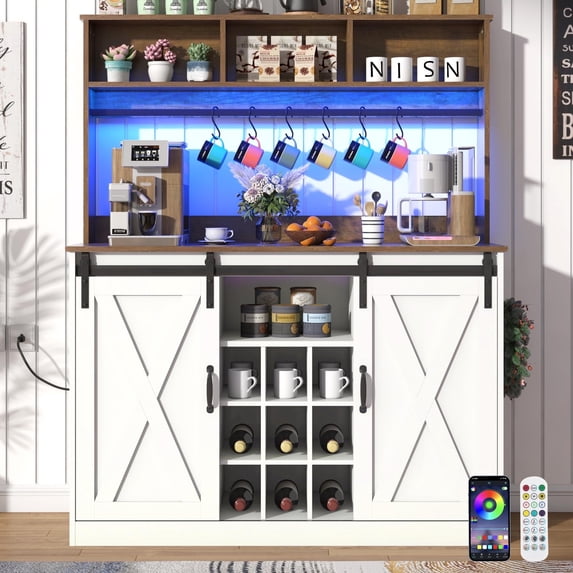 Blotout LED Coffee Bar Cabinet with Power Outlet, 58" Tall Farmhouse Kitchen Pantry Storage Cabinet with Lights, Adjustable Shelf, 9 Wine Racks, 6 Hooks , Barn Door Cabinet with Storage, White Brown