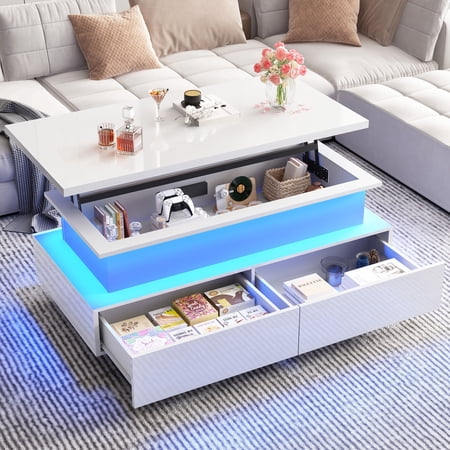 Blotout LED Lift Top Coffee Table with 2 Storage Drawer, 43.3" Modern High Glossy Coffee Tables with Led Lights and Open Display Shelf, 2-Tier Rectangle Center Table for Living Room,White