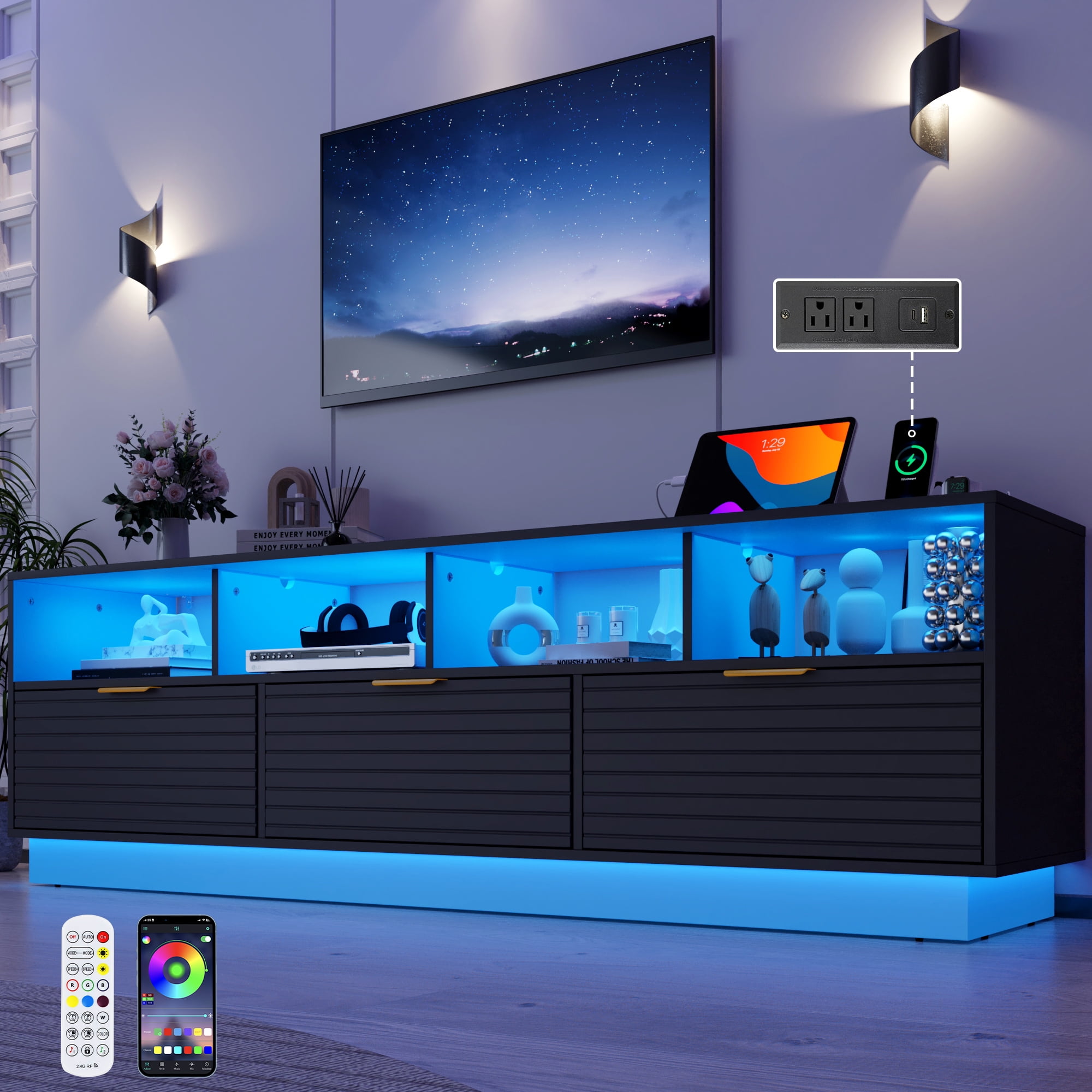 Blotout LED TV Stand for up to 80'' TVs with Power Outlet, 70'' Large