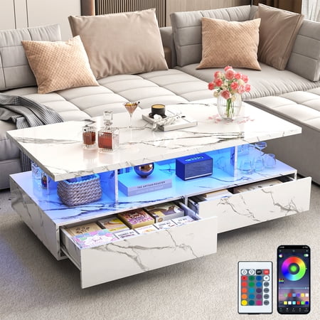 Blotout LED White Coffee Table with 2 Storage Drawer, 43" Modern High Glossy Coffee Tables w/Open Display Shelf, Rectangle 2-Tier Center Table for Living Room(White Marbling Print-43")