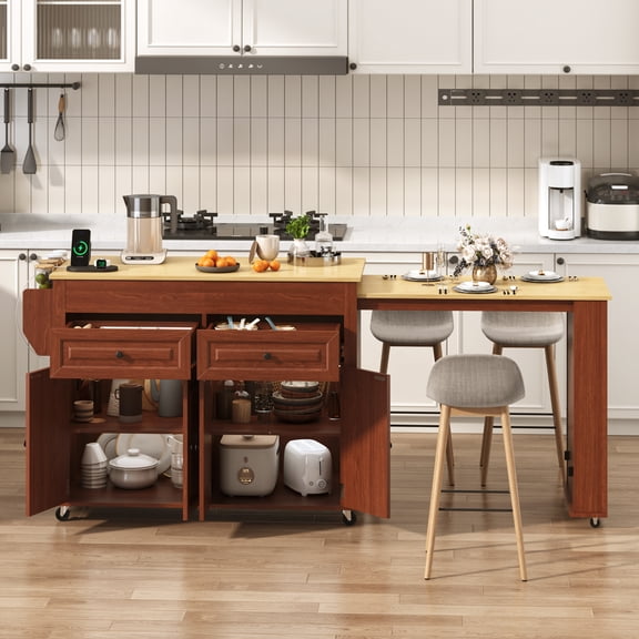 Blotout Large Extendable Kitchen Island Cart (80"-48") - Rolling on Wheels, with Extendable Dining Table, Power Outlet, 2 Cabinets, 2 Drawers & 3 Open Shelves
