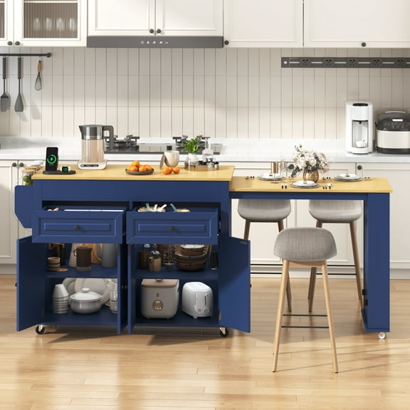 Blotout Large Extendable Kitchen Island Cart (80"-48") - Rolling on Wheels, with Extendable Dining Table, Power Outlet, 2 Cabinets, 2 Drawers & 3 Open Shelves