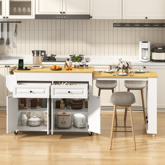 Blotout Large Extendable Kitchen Island Cart (80"-48") - Rolling on Wheels, with Extendable Dining Table, Power Outlet, 2 Cabinets, 2 Drawers & 3 Open Shelves