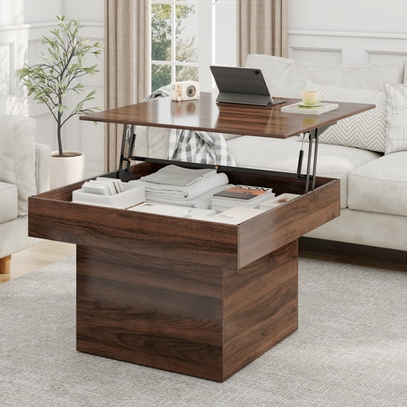 Blotout Lift Top Coffee Table with LED Lights, Square Coffee Table with Hidden Storage, Adjustable Lift Tabletop, Modern Wood Central Table for Living Room, Brown