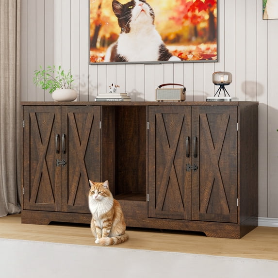 Blotout 59" Large Cat Litter Box Enclosure for 2 Cats with Power Outlets, Litter Box Furniture Hidden with Double Room, Wooden Cat Washroom Furniture with Lockable Door, Cats House, Brown