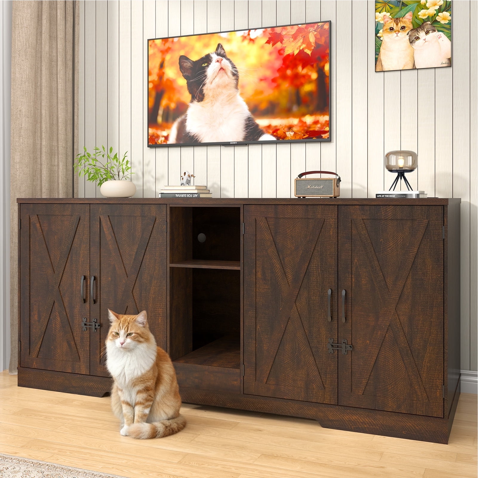 Blotout 77" Large Cat Litter Box Enclosure for 2 Cats with Power Outlets, Litter Box Furniture Hidden with Double Room, Wooden Cat Washroom Furniture with Lockable Door, Cats House, Brown