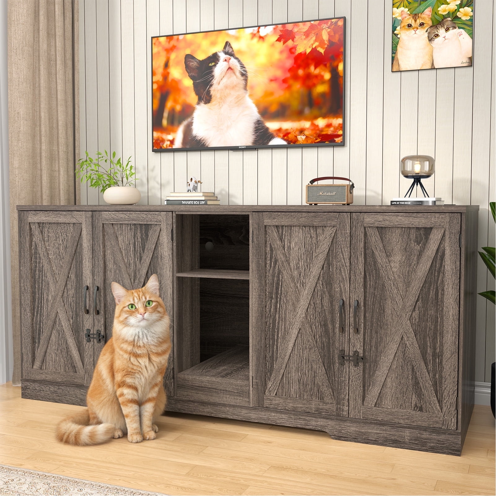 Blotout 77" Large Cat Litter Box Enclosure for 2 Cats with Power Outlets, Litter Box Furniture Hidden with Double Room, Wooden Cat Washroom Furniture with Lockable Door, Cats House, Grey