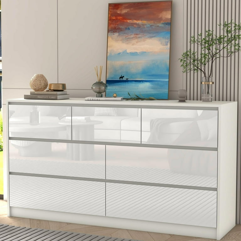 Blotout White Malm Dresser for Bedroom 55 Long Dresser High Gloss Dresser with 7 Drawers Large Wood Chest of Drawer Handle Free Dresser for Bedroom Living Room Entryway Hallway Walmart