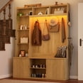 thumbnail image 1 of Blotout 59''W Fluted Hall Tree with RGB LED Light, All-in-One Entryway Coat Rack with Shoe Storage Bench, Rounded Corner, Adjustable Shelves, 6 Hooks &2 Umbrella Racks, Freestanding Hallway Organizer, 1 of 10
