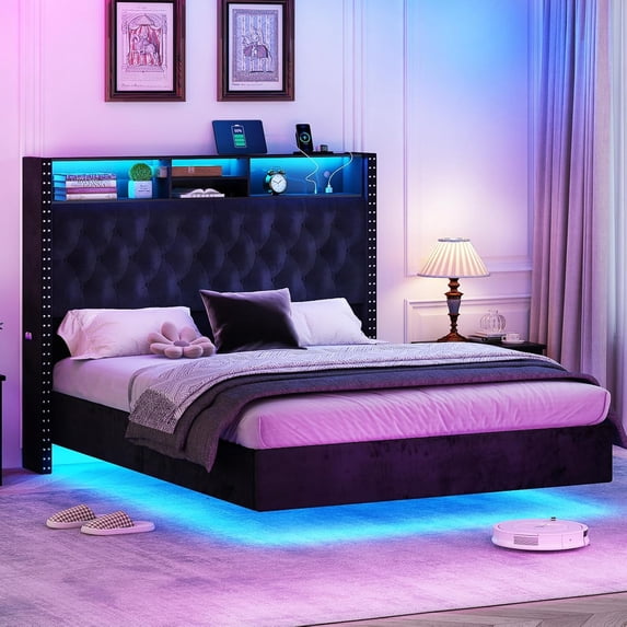 Blotout Queen LED Upholstered Bed Frame with Storage Wingback Headboard, Floating Velvet Diamond Button Tufted Bed Frame with USB & AC Outlets, Side Pockets, Wood Slats Support, No Box Spring Needed