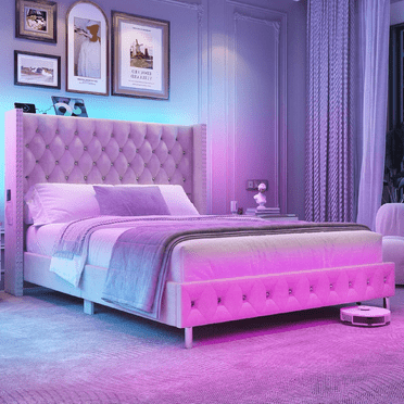 Blotout- Queen LED Upholstered Bed Frame with Wingback Headboard, Velvet Diamond Button Tufted Bed Frame USB & Type-C Ports and Side Pockets, Wood Slats Support, No Box Spring Needed
