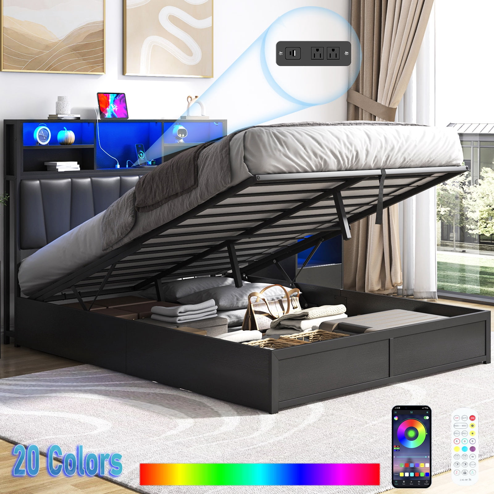 Blotout Queen Lift Up Storage Bed with LED Light & Power Outlets, Metal Platform Bed with Upholstered Headboard, Storage Bed with 3-Tier Storage Headboard, NO Box Spring Needed, Noise Free