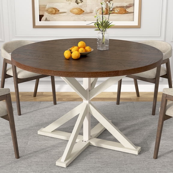 47" Round Dining Table for 4 to 6 People, Modern Farmhouse Kitchen Table with Thickened Waterproof Top, Sturdy X-Base Pedestal Table for Small Spaces, Dining Room, Rustic White