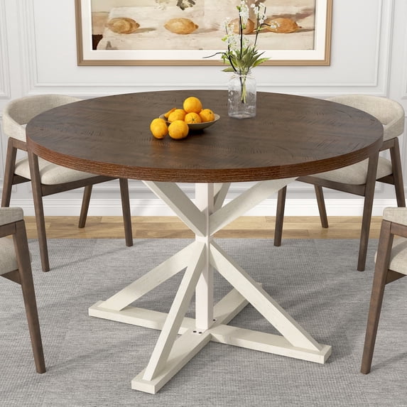 47" Round Dining Table for 4 to 6 People, Modern Farmhouse Kitchen Table with Thickened Waterproof Top, Sturdy X-Base Pedestal Table for Small Spaces, Dining Room, Rustic White