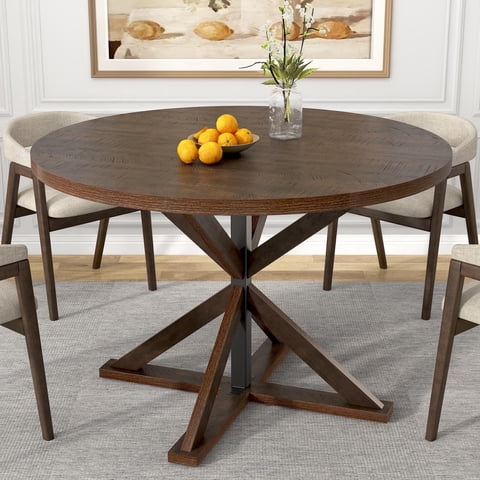 47" Round Dining Table for 4 to 6 People, Modern Farmhouse Kitchen Table with Thickened Waterproof Top, Sturdy X-Base Pedestal Table for Small Spaces, Dining Room, Rustic Brown