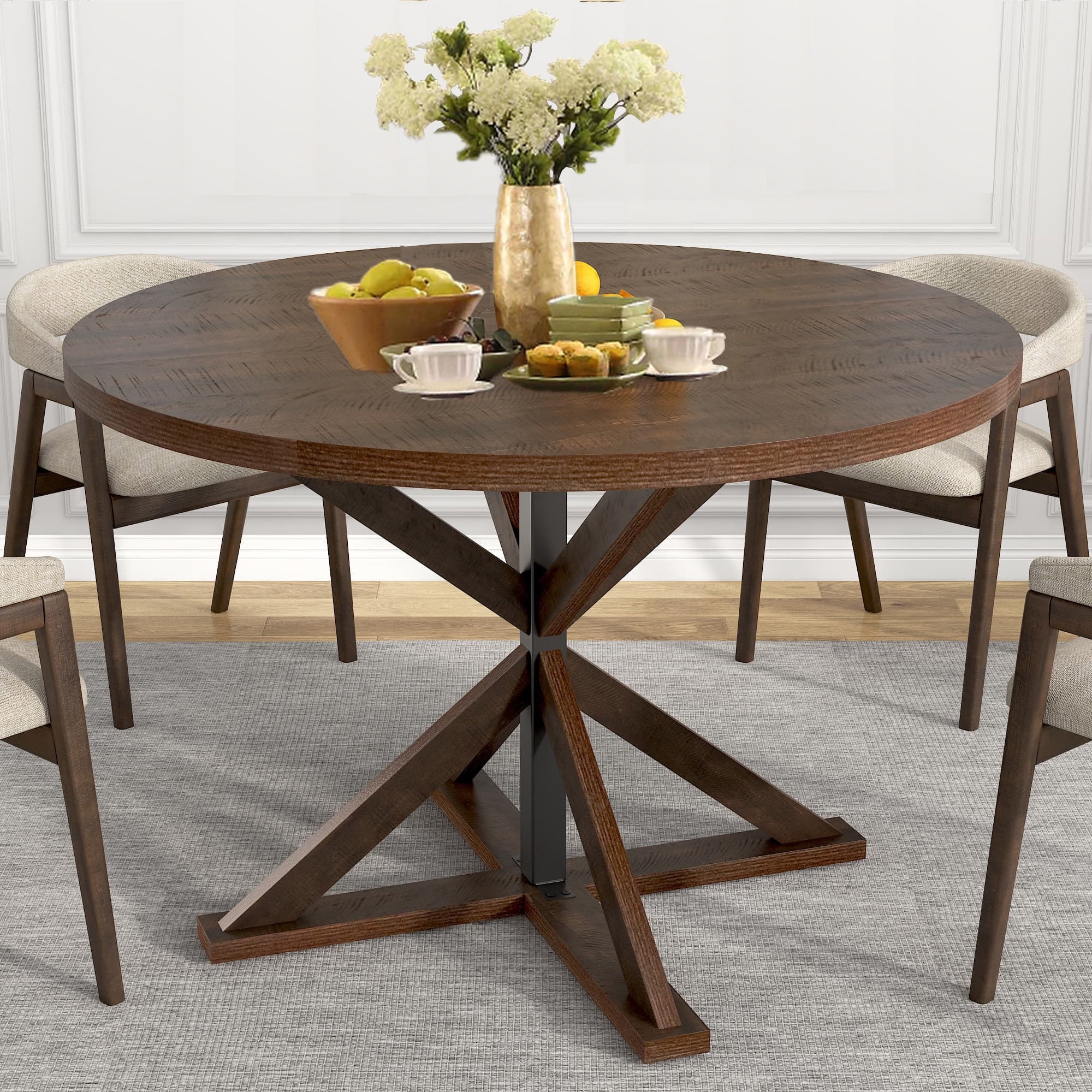 Farmhouse Round Dining Table for 4, 47 Inch Kitchen Table Wooden Dinner Table Wood Kitchen Dinning Table for Dining Room Kitchen,Living Room