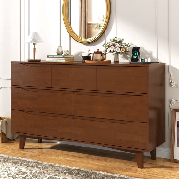 Blotout Solid Wood Dresser for Bedroom, 55"W x 33"H Mid Century Modern 7 Drawer Dresser with Charging Station, Handleless Wood Chest of Drawers for Living Room Entryway Hallway