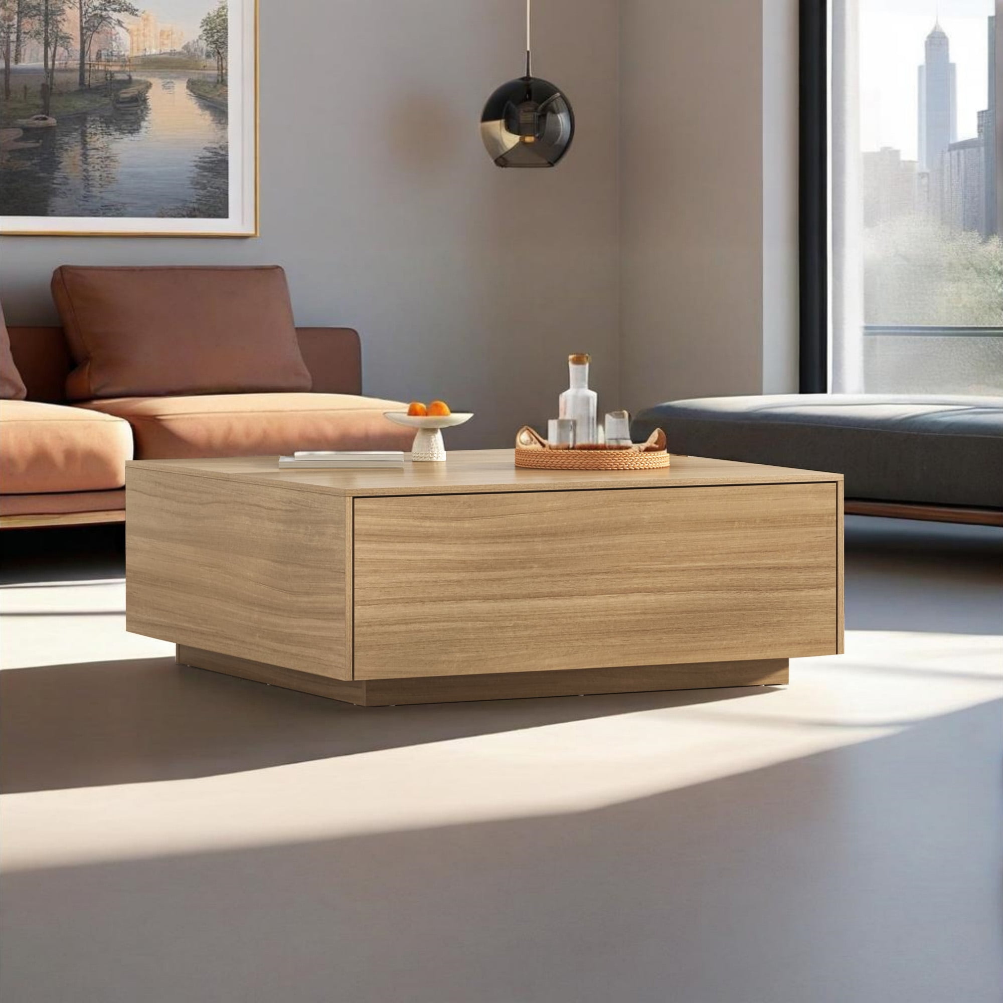 Oak Square Coffee Table with Metal Accents and Storage Drawers