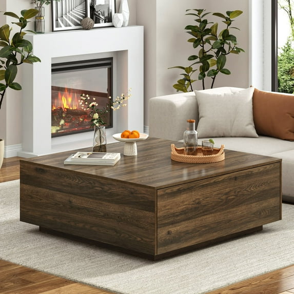 43” Square Coffee Table with Storage, 43" D x 43" W x 17" H Modern Large Square Center Table with 2 Drawers, Wood Coffee Table for Living Room, Light Brown