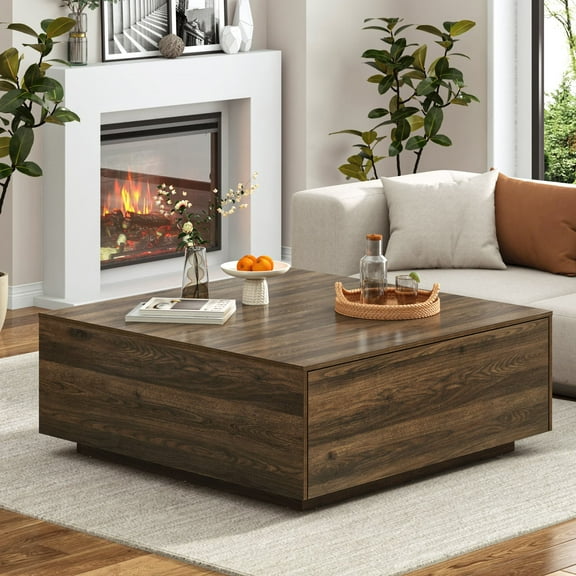 43” Square Coffee Table with Storage, 43" D x 43" W x 17" H Modern Large Square Center Table with 2 Drawers, Wood Coffee Table for Living Room, Light Brown