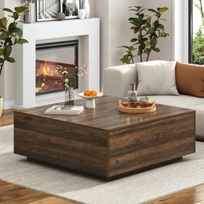 Blotout 43” Square Coffee Table with Storage, Modern Wood Center Table with 2 Drawers for Larege Living Room, Walnut