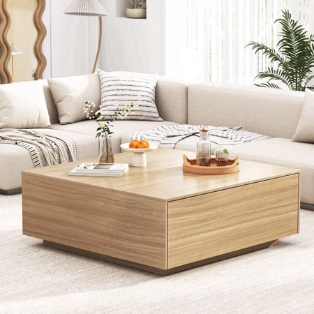 Blotout 43" Square Coffee Table with Storage, Oversized Wood Center Table with 2 Massive Drawers for Living Room, Neutral Wood