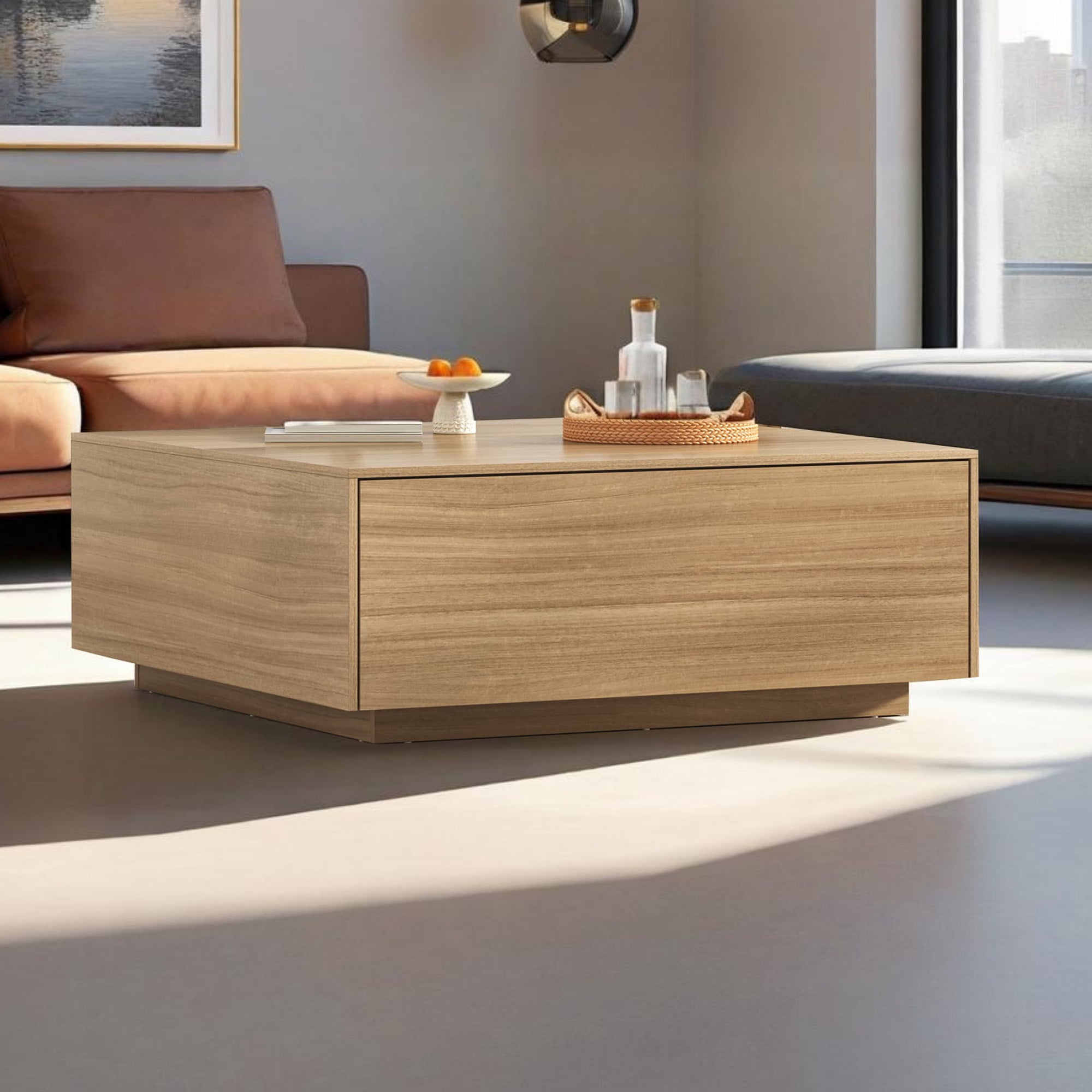 Oak Square Coffee Table with Metal Accents and Storage Drawers