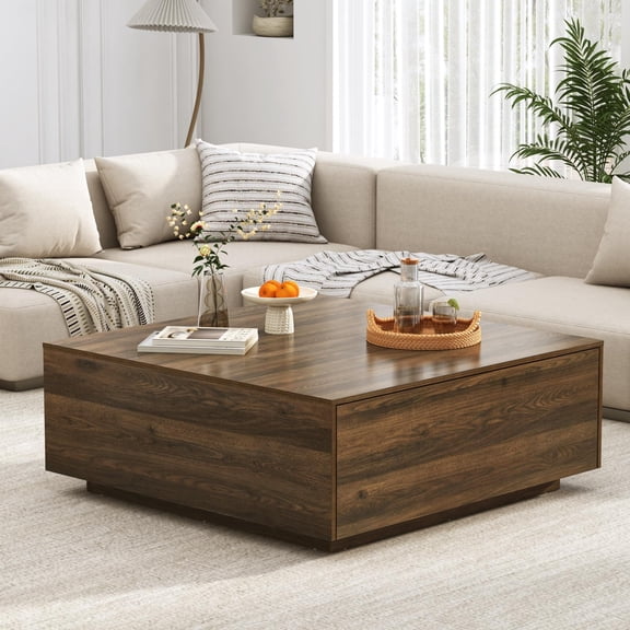 47" Oversized Square Coffee Table for Large Living Room, Large Center Table with 2 Massive Drawers, Walnut Finish Wood Coffee Table for Spacious Seating Areas and Sectionals