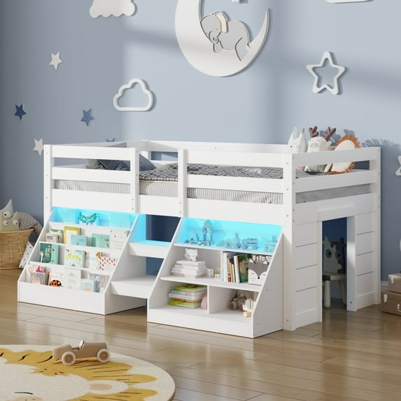 Blotout Twin Size Low Loft Bed with LED Lights & Storage for Kids, LED Wooden Loft Twin Size Bed with Stairs & Storage Bookcase, Loft Bed with Safety Guardrail and Under-Bed Play Space, White