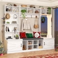 thumbnail image 1 of Blotout 86.6'' Wide LED Farmhouse Hall Tree with Bench and Shoe Storage, Entryway Bench with Coat Rack, 3-Color LED Mirror, Shoe Shelves & Umbrella Holder, Extra-Large Mudroom/Hallway Storage, 1 of 10