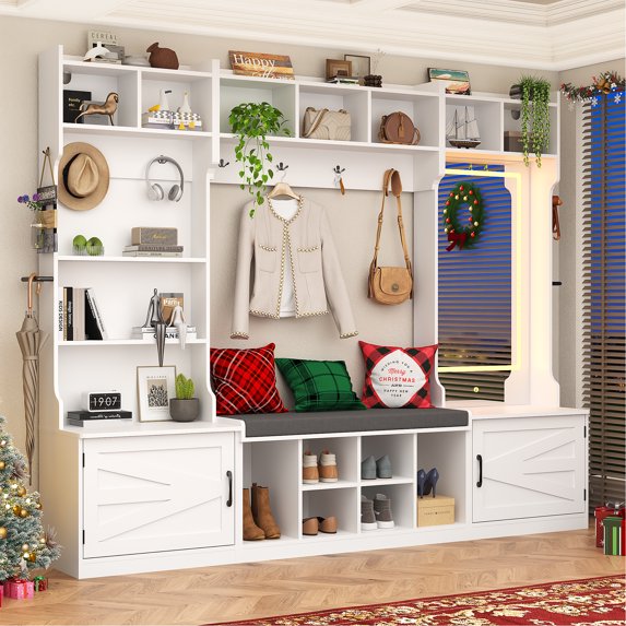 Blotout 86.6'' Wide LED Farmhouse Hall Tree with Bench and Shoe Storage, Entryway Bench with Coat Rack, 3-Color LED Mirror, Shoe Shelves & Umbrella Holder, Extra-Large Mudroom/Hallway Storage