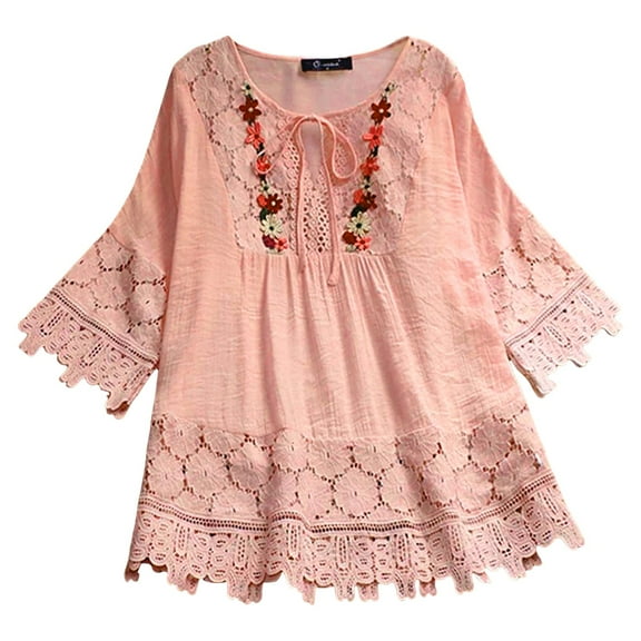 Blouse For Women Summer Vintage Lace Patchwork Bow V Neck Embroidery Summer 3/4 Sleeve Retro Solid Tops T Shirt