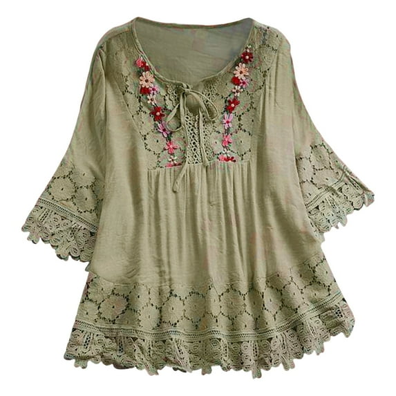 Blouse For Women Summer Vintage Lace Patchwork Bow V Neck Embroidery Summer 3/4 Sleeve Retro Solid Tops T Shirt