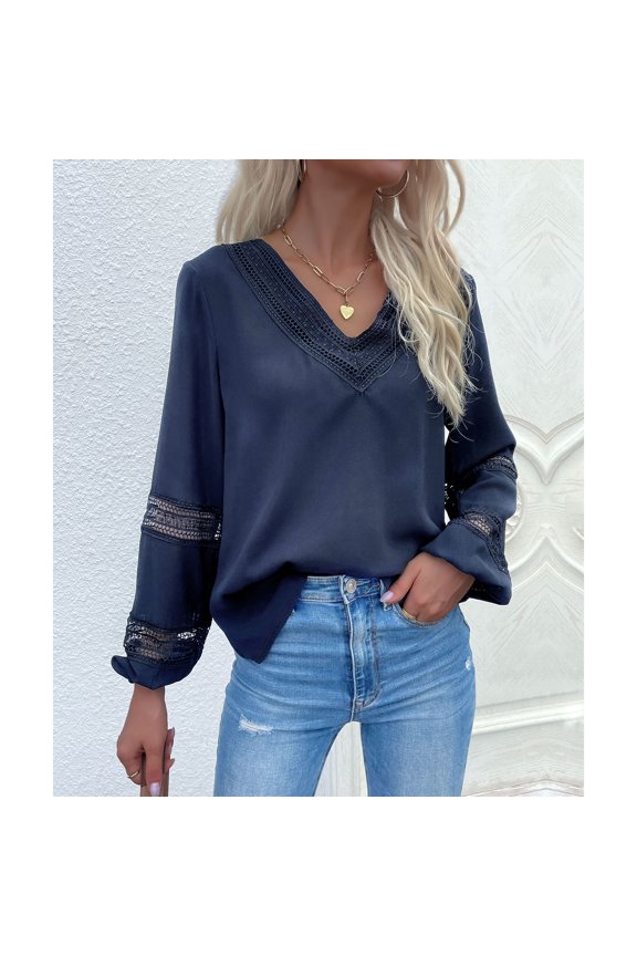 Blouse Long Sleeve Lace Stitching V Neck Pure Color Fashionable Casual Tops for Women