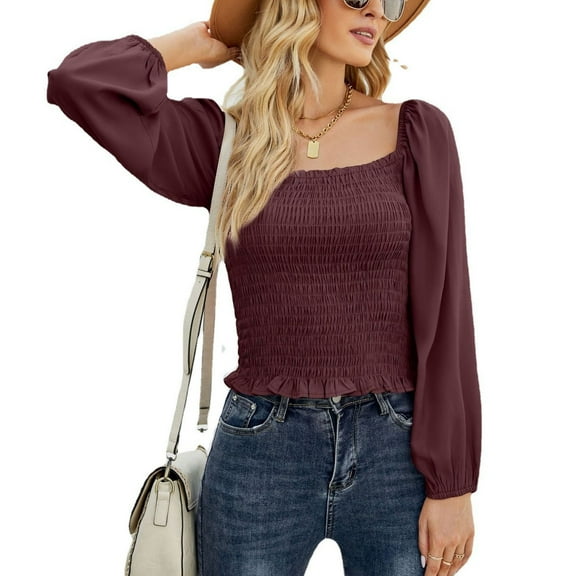 Blouse Long Sleeve Square Neck Pure Color Tight Waist Chiffon Fashionable Tops for Women