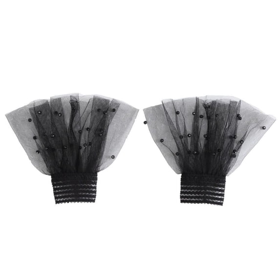 Blouse Ruched Lace Mesh Fake Pearl 1Pair Detachable Cuffs False Cuffs Fake sleeves Wrist Warmers BLACK