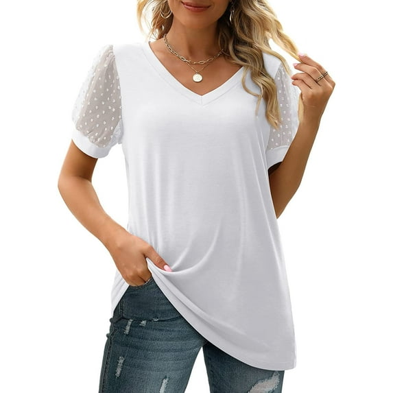 Blouse Shirt Pure Color V-Neck Top Women's T-shirt with Sheer Mesh Short Sleeves for Summer