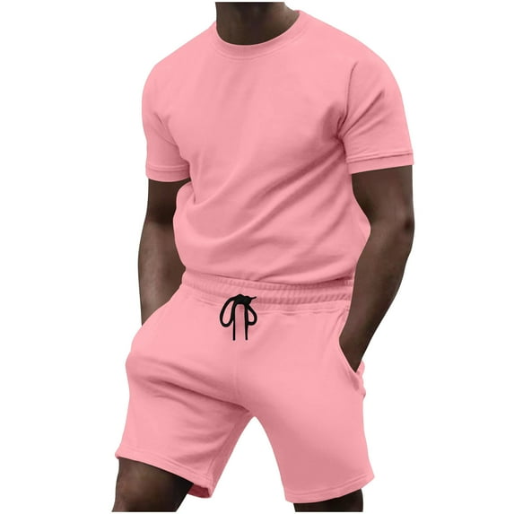 Blouse Tops On Sale Clearance JXMVOJ Men's Solid Color T-Shirt & Shorts Set, Comfortable Short Sleeve Crew Neck Tee, Casual Sportswear, Relaxed Fit Activewear Set for Men