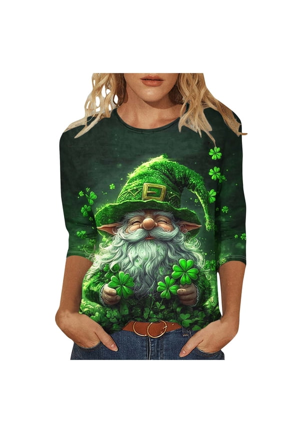 Blouse Tops for Women 3/4 Sleeve,St Patricks Day Shirt Crew Neck Funny Irish Shamrock Print Womens 3/4 Sleeve Tops Plus Size Spring Summer Blouses