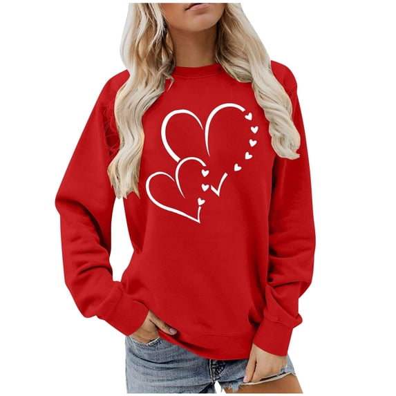 Blouse Tunics for Womens Fall Loose Fit Crewneck Long Sleeve Cap Drop Shoulder Zipperless Love Printed Pullover Ribbed Knit Top Pullovers(Red,S)